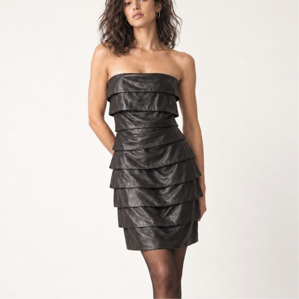 Neiman Marcus 8 Vintage 90s Vakko Tiered Leather Strapless Mini Dress $595 Black